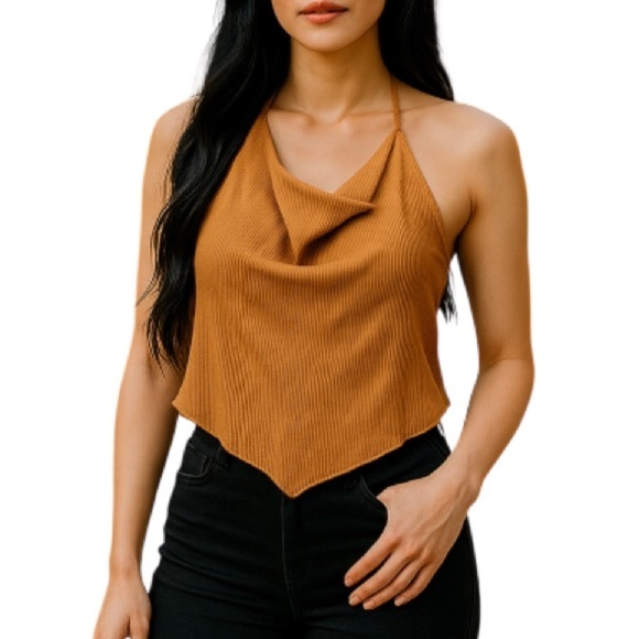 SHEIN Ribbed Cowl Neck Handkerchief Tie Crop Top Brown Open Back V Hem L - Picture 1 of 7